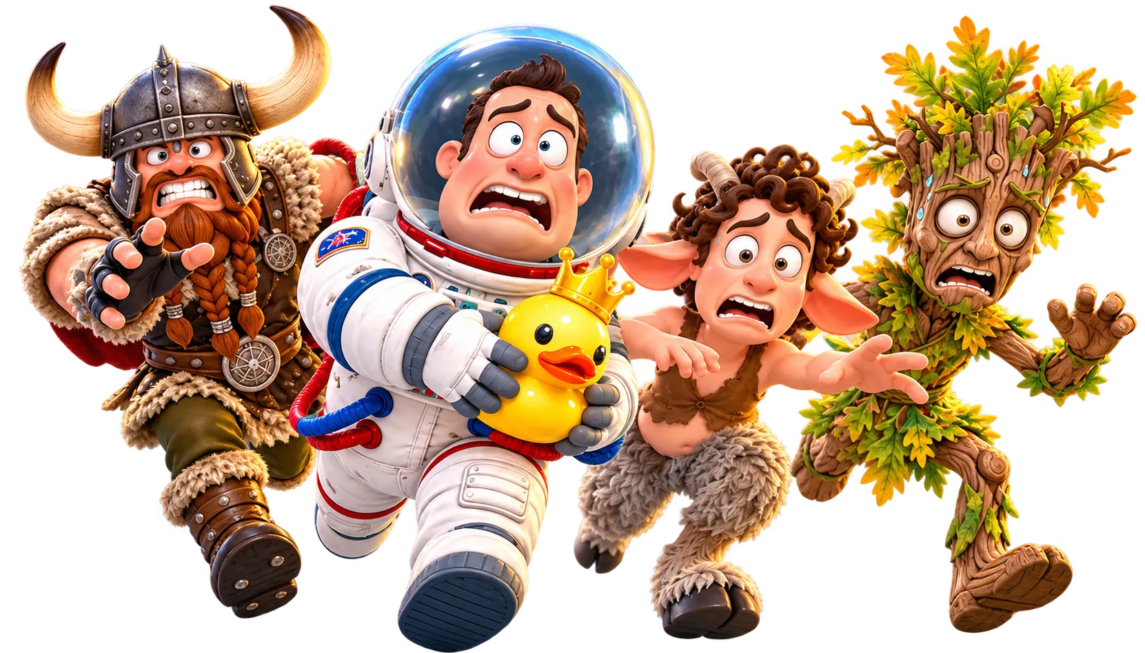 Personajes de Bathroom Party corriendo: un vikingo, un astronauta que sujeta un pato de goma con corona, un fauno y una criatura árbol.